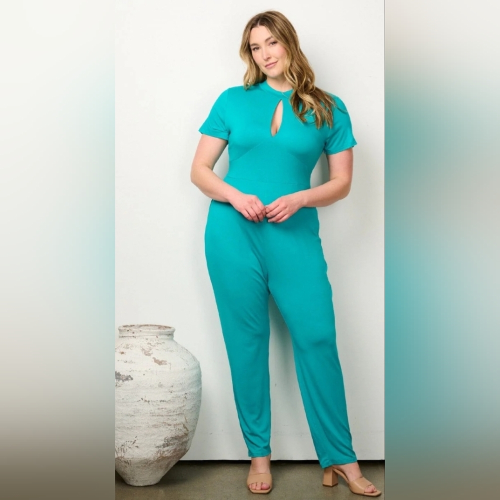 READ FOR THE FLAW- Teal Short Sleeve Keyhole Open Back Jumpsuit for Women